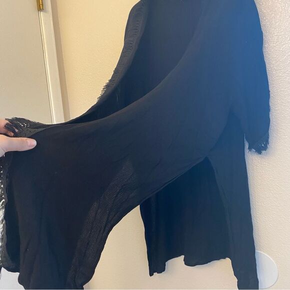 Treasure & Bond black boho fringe trim beachy coastal kimono swim coverup top OS - Picture 6 of 15